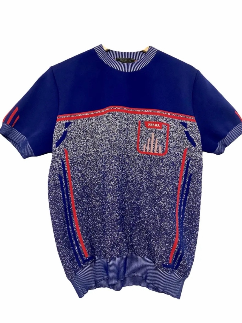 Prada Blue Short-Sleeve Crewneck Sweater with Red Trim